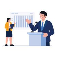 A man presents business data at a podium while a woman assists with the report. vector
