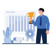 A businessman holds a trophy in front of a performance chart, representing achievement and business growth. vector