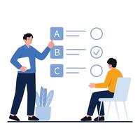 A man helps another choose the right option from multiple choices in a learning or business setting. vector