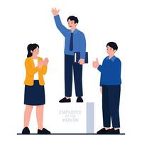 A selected employee stands proudly on a podium as coworkers applaud, honoring outstanding workplace performance. vector
