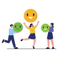 Group of employees joyfully holding happy emoji icons as a symbol of positive workplace satisfaction. vector