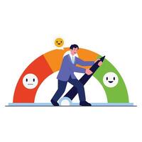 A businessman adjusts the pointer on a satisfaction meter showing various emoji-based responses. vector