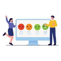 People selecting a very happy face on a satisfaction feedback form on a large screen. vector