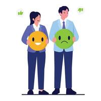 Two employees holding emoji icons showing contrasting emotions to express approval and disapproval. vector