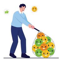 Employee gathers a bag full of happy emoji faces representing collected positive reviews. vector