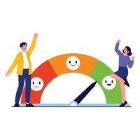 Two happy employees celebrating a maximum rating on a colorful satisfaction meter gauge. vector