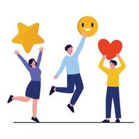 Group of people cheerfully holding icons representing star, smiley face, and heart to express satisfaction. vector
