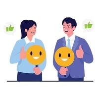 A man and woman giving a thumbs-up while holding smiling face icons to show positive feedback. vector