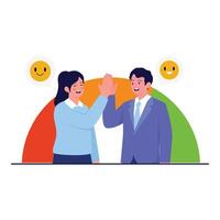 Two employees giving a high five in front of a satisfaction scale with happy emoji icons. vector