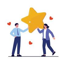 Two colleagues happily holding a golden star together as a symbol of appreciation and recognition. vector