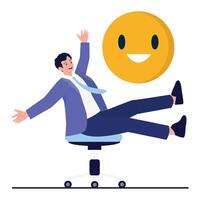 Cheerful employee spinning on a chair with a large smiling emoji representing workplace joy. vector