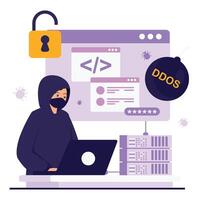 A hacker initiates a DDOS attack on servers using malicious code and scripts. vector