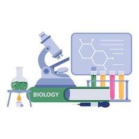 Flat design of laboratory equipment including beakers, safety glasses, thermometer, and science book for education or research themes. vector