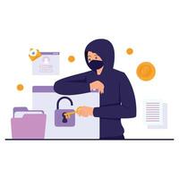A masked hacker uses a key to unlock secured data and breach sensitive information. vector