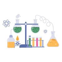 Illustration of science books with test tubes, globe, syringe, and chemical formulas for global education themes. vector