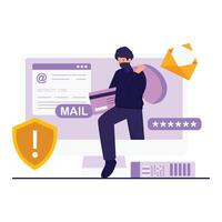 A cyber thief steals email login details and credit card information for digital fraud. vector