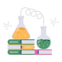 Educational illustration of a microscope with lab samples, plants, thermometer, and colorful test tubes. vector