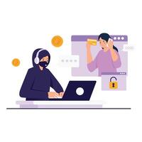 A masked hacker tricks a woman into revealing her bank card and password through fake communication. vector