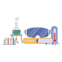 Flat style microscope with open science book, formula board, colorful test tubes, and experiment tools. vector