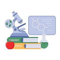 A modern microscope with books, flask, petri dish, and bacteria visuals used in science education. vector