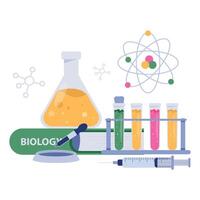 Science tools including beaker, dropper, syringe, biology book, and molecular symbols for academic content. vector