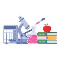 Illustration of science tools like microscope, books, apple, pink liquid, calculator, and syringe for education. vector
