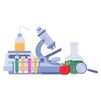 Educational layout with microscope, test tubes, magnifier, apple, flask, and liquid bottle for lab study. vector