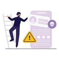 A cybercriminal attempts to steal login credentials and personal data from a hacked digital profile. vector