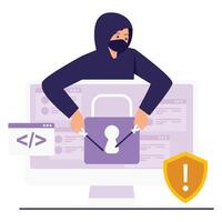 A cybercriminal breaks into online security systems by exploiting code vulnerabilities. vector