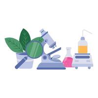 Flat design showing a microscope with magnifier, plant leaves, and colorful flasks for plant science. vector