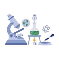 Lab equipment including microscope, petri dish, burner, and green liquid flask for microbiology research. vector