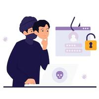 A hacker uses a fake face mask to impersonate a victim and steal their login credentials online. vector