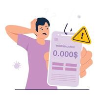 A man reacts in shock to an empty balance caused by a phishing scam on his mobile banking app. vector