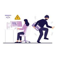 A thief steals sensitive banking data while the user is unaware, exploiting system vulnerabilities. vector