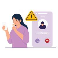 A woman receives a suspicious phone call from an unknown number with a cyber threat warning. vector