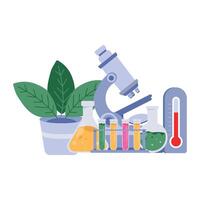 Flat illustration of stacked textbooks with scientific flasks and connected lab tubes for academic learning. vector