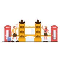 Tourists explore and wave at each other near the famous Tower Bridge. vector