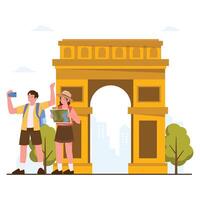 Tourists exploring and taking photos near the iconic Arc de Triomphe in Paris. vector