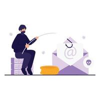 A masked hacker uses a phishing hook to steal personal email data for financial gain. vector