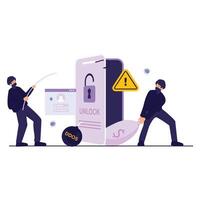 Cybercriminals launch a phishing and DDOS attack to unlock and drain money from a mobile device. vector