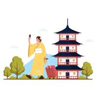 A traveler in traditional kimono walks with a suitcase near a Japanese pagoda. vector