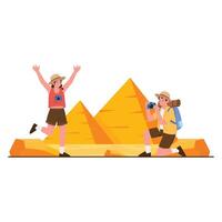 Tourists pose and take photos in front of the Great Pyramids of Egypt. vector