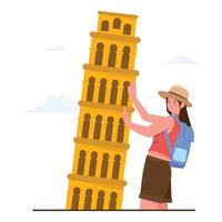 A tourist playfully poses as if holding up the Leaning Tower of Pisa. vector