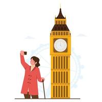 A tourist takes a selfie in front of the iconic Big Ben in London. vector