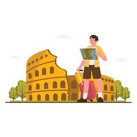 A tourist with a map stands in front of the famous Colosseum in Rome. vector