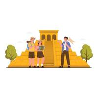 Tourists visit a historic Mayan temple in Mexico with a local guide. vector