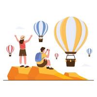Tourists enjoy watching colorful hot air balloons in the sky. vector