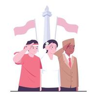 Citizens from diverse backgrounds saluting to commemorate Indonesian independence. vector