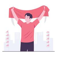 A young man lifts a red and white banner in honor of the nation. vector