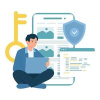 A man sits with a laptop while working on secure web development with key and shield icons in the background. vector